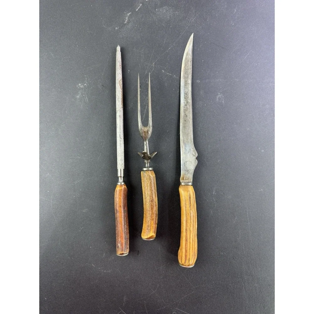 Vintage RUSSELL Deer Antler Carving Set‎ Knife, Fork & Sharpener Holiday Serving